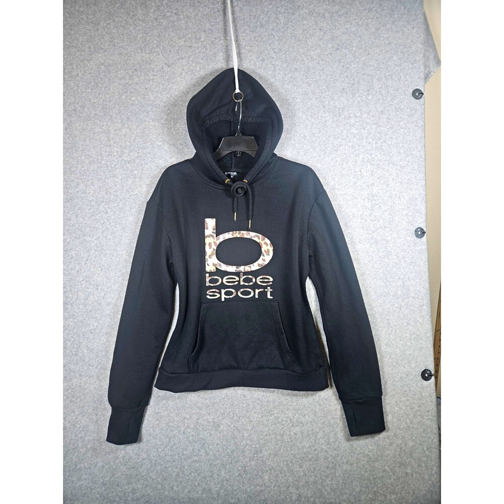 Bebe Sport Womens Black Pullover Fleece Hoodie M Leopard Logo Hooded Thumbholes